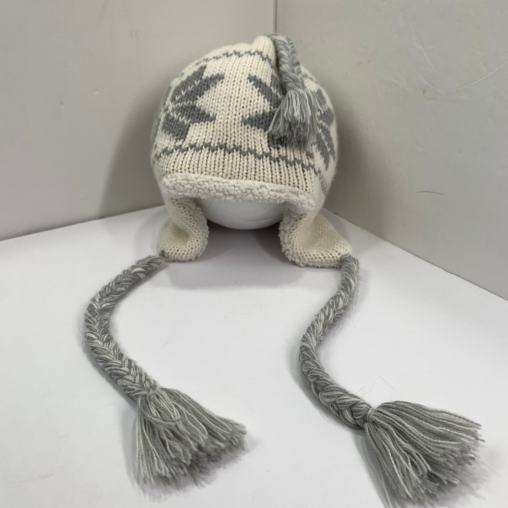 ACG Nordic Knit Earflap Beanie Sherpa Lined Winter Hat Tassel Gray White OS